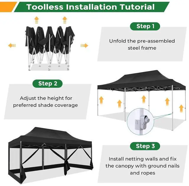 Alt view image 7 of 7 - 10x20 Heavy Duty Pop Up Canopy Tent with 6 Sidewalls, Easy Set Up Outdoor Waterproof Screen Commercial Party Tent with Mosquito Netting for Parties Backyard Patio, Roller Bag, Black