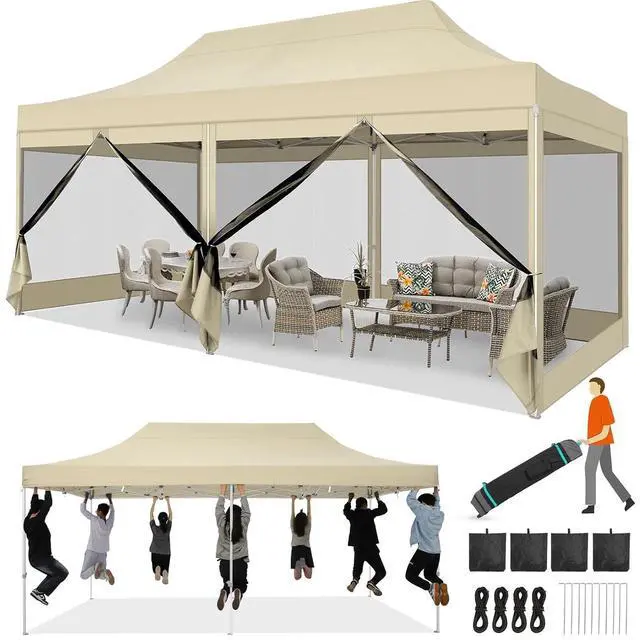 Main image of 10x20 Heavy Duty Pop Up Canopy with 6 Sidewalls, Easy Set Up Outdoor Waterproof Commercial Screen Party Tent with Mosquito Netting for Parties Backyard Patio, Roller Bag, Dark Khaki