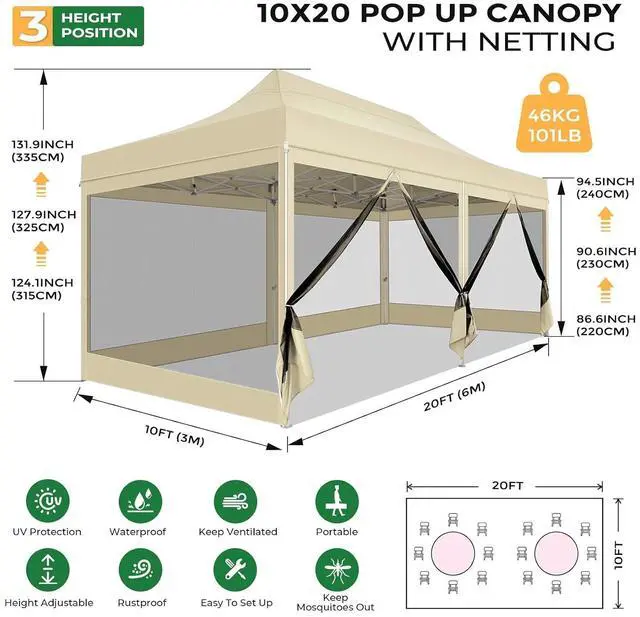 Alt view image 2 of 7 - 10x20 Heavy Duty Pop Up Canopy with 6 Sidewalls, Easy Set Up Outdoor Waterproof Commercial Screen Party Tent with Mosquito Netting for Parties Backyard Patio, Roller Bag, Dark Khaki