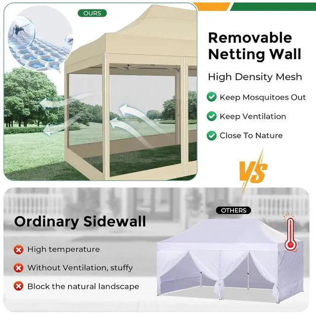 Alt view image 3 of 7 - 10x20 Heavy Duty Pop Up Canopy with 6 Sidewalls, Easy Set Up Outdoor Waterproof Commercial Screen Party Tent with Mosquito Netting for Parties Backyard Patio, Roller Bag, Dark Khaki