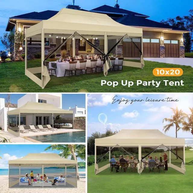 Alt view image 4 of 7 - 10x20 Heavy Duty Pop Up Canopy with 6 Sidewalls, Easy Set Up Outdoor Waterproof Commercial Screen Party Tent with Mosquito Netting for Parties Backyard Patio, Roller Bag, Dark Khaki