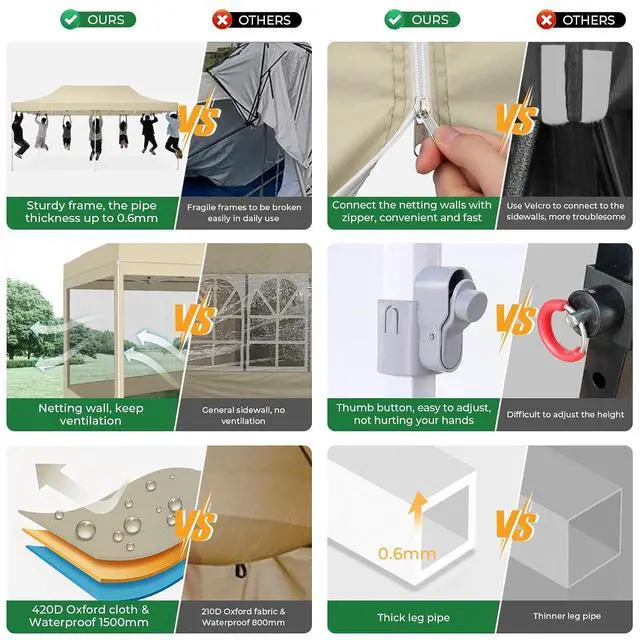 Alt view image 5 of 7 - 10x20 Heavy Duty Pop Up Canopy with 6 Sidewalls, Easy Set Up Outdoor Waterproof Commercial Screen Party Tent with Mosquito Netting for Parties Backyard Patio, Roller Bag, Dark Khaki