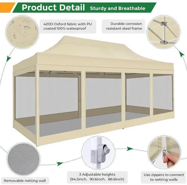 Alt view image 6 of 7 - 10x20 Heavy Duty Pop Up Canopy with 6 Sidewalls, Easy Set Up Outdoor Waterproof Commercial Screen Party Tent with Mosquito Netting for Parties Backyard Patio, Roller Bag, Dark Khaki