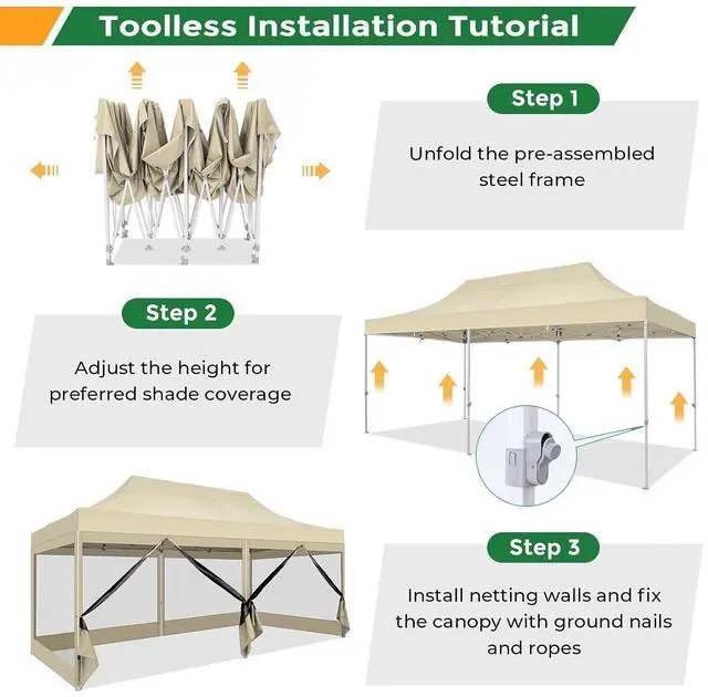 Alt view image 7 of 7 - 10x20 Heavy Duty Pop Up Canopy with 6 Sidewalls, Easy Set Up Outdoor Waterproof Commercial Screen Party Tent with Mosquito Netting for Parties Backyard Patio, Roller Bag, Dark Khaki