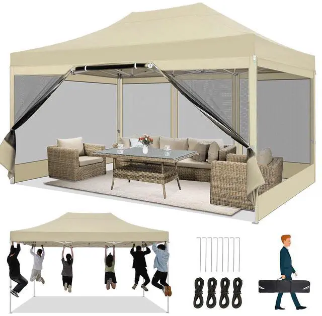 Main image of 10x15 Heavy Duty Pop Up Canopy with 4 Sidewalls, Easy Set Up Outdoor Waterproof Commercial Screen Party Tent with Mosquito Netting Instant Screen Gazebo for Parties Backyard Patio Garden, Khaki