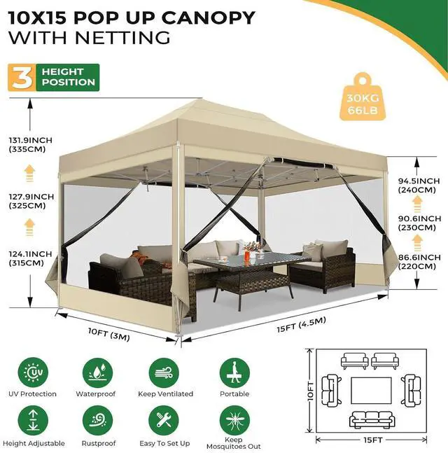 Alt view image 2 of 7 - 10x15 Heavy Duty Pop Up Canopy with 4 Sidewalls, Easy Set Up Outdoor Waterproof Commercial Screen Party Tent with Mosquito Netting Instant Screen Gazebo for Parties Backyard Patio Garden, Khaki