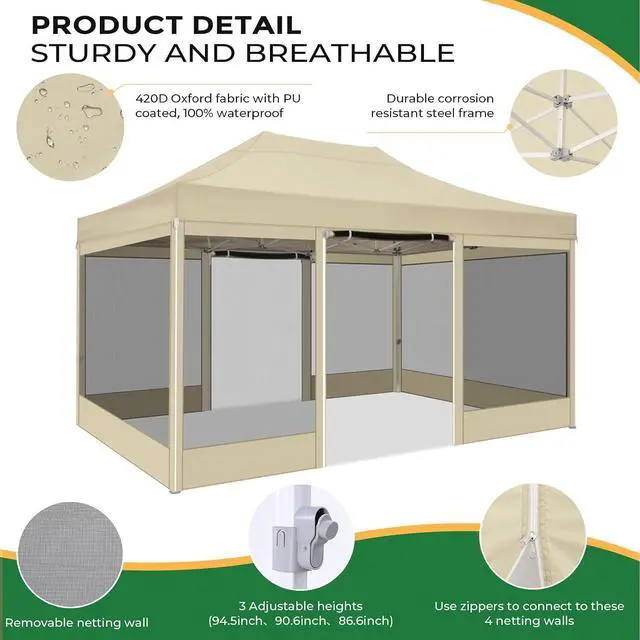 Alt view image 4 of 7 - 10x15 Heavy Duty Pop Up Canopy with 4 Sidewalls, Easy Set Up Outdoor Waterproof Commercial Screen Party Tent with Mosquito Netting Instant Screen Gazebo for Parties Backyard Patio Garden, Khaki