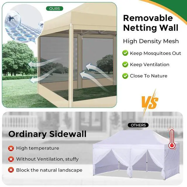Alt view image 5 of 7 - 10x15 Heavy Duty Pop Up Canopy with 4 Sidewalls, Easy Set Up Outdoor Waterproof Commercial Screen Party Tent with Mosquito Netting Instant Screen Gazebo for Parties Backyard Patio Garden, Khaki
