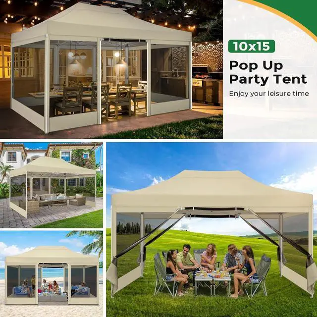 Alt view image 3 of 7 - 10x15 Heavy Duty Pop Up Canopy with 4 Sidewalls, Easy Set Up Outdoor Waterproof Commercial Screen Party Tent with Mosquito Netting Instant Screen Gazebo for Parties Backyard Patio Garden, Khaki