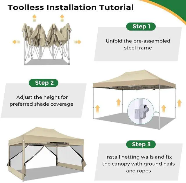 Alt view image 7 of 7 - 10x15 Heavy Duty Pop Up Canopy with 4 Sidewalls, Easy Set Up Outdoor Waterproof Commercial Screen Party Tent with Mosquito Netting Instant Screen Gazebo for Parties Backyard Patio Garden, Khaki