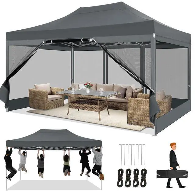 Main image of 10x15 Heavy Duty Pop Up Canopy with 4 Sidewalls, Easy Set Up Outdoor Commercial Canopy with Mosquito Netting Waterproof Instant Screen Tent for Backyard, Patio, Garden, Gray