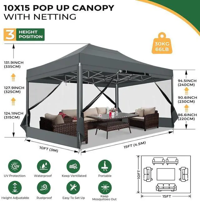 Alt view image 2 of 7 - 10x15 Heavy Duty Pop Up Canopy with 4 Sidewalls, Easy Set Up Outdoor Commercial Canopy with Mosquito Netting Waterproof Instant Screen Tent for Backyard, Patio, Garden, Gray