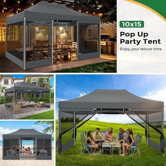 Alt view image 4 of 7 - 10x15 Heavy Duty Pop Up Canopy with 4 Sidewalls, Easy Set Up Outdoor Commercial Canopy with Mosquito Netting Waterproof Instant Screen Tent for Backyard, Patio, Garden, Gray