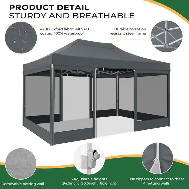Alt view image 5 of 7 - 10x15 Heavy Duty Pop Up Canopy with 4 Sidewalls, Easy Set Up Outdoor Commercial Canopy with Mosquito Netting Waterproof Instant Screen Tent for Backyard, Patio, Garden, Gray