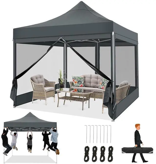 Main image of 10x10 Heavy Duty Pop Up Canopy Tent with 4 Sidewalls, Easy Set Up Outdoor Waterproof Screen Commercial Party Tent with Mosquito Netting for Parties Backyard Patio, Carry Bag, Gray