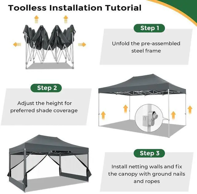 Alt view image 7 of 7 - 10x15 Heavy Duty Pop Up Canopy with 4 Sidewalls, Easy Set Up Outdoor Commercial Canopy with Mosquito Netting Waterproof Instant Screen Tent for Backyard, Patio, Garden, Gray