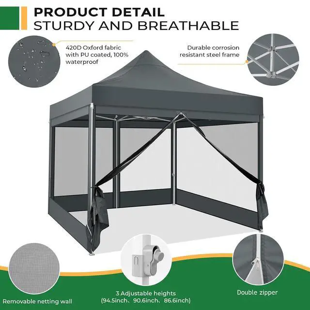 Alt view image 2 of 7 - 10x10 Heavy Duty Pop Up Canopy Tent with 4 Sidewalls, Easy Set Up Outdoor Waterproof Screen Commercial Party Tent with Mosquito Netting for Parties Backyard Patio, Carry Bag, Gray