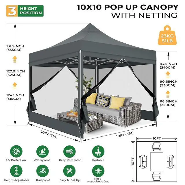 Alt view image 3 of 7 - 10x10 Heavy Duty Pop Up Canopy Tent with 4 Sidewalls, Easy Set Up Outdoor Waterproof Screen Commercial Party Tent with Mosquito Netting for Parties Backyard Patio, Carry Bag, Gray