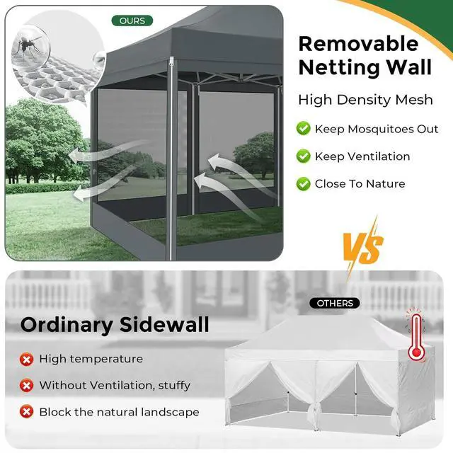 Alt view image 3 of 7 - 10x15 Heavy Duty Pop Up Canopy with 4 Sidewalls, Easy Set Up Outdoor Commercial Canopy with Mosquito Netting Waterproof Instant Screen Tent for Backyard, Patio, Garden, Gray