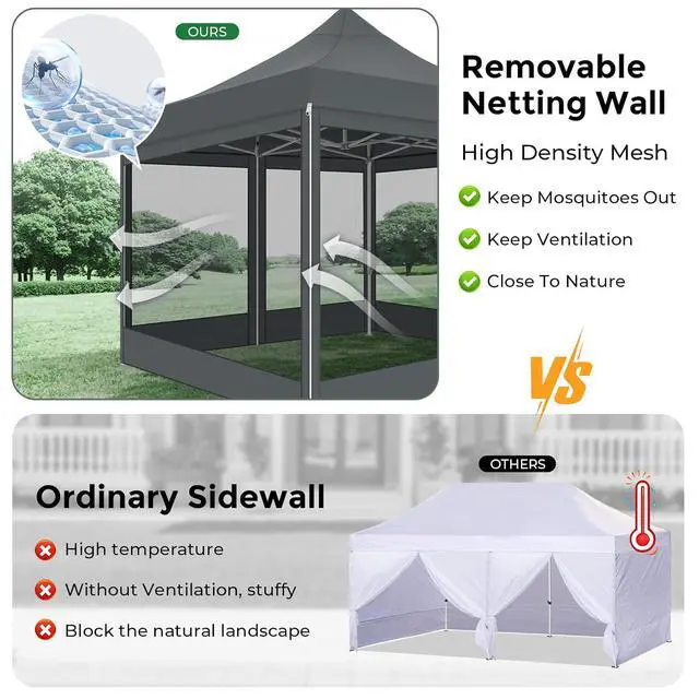 Alt view image 4 of 7 - 10x10 Heavy Duty Pop Up Canopy Tent with 4 Sidewalls, Easy Set Up Outdoor Waterproof Screen Commercial Party Tent with Mosquito Netting for Parties Backyard Patio, Carry Bag, Gray