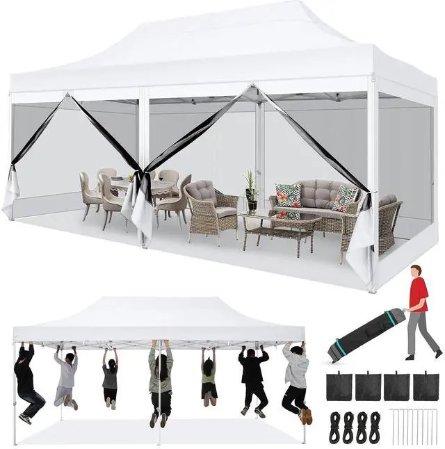 Main image of 10x20 Heavy Duty Pop Up Canopy Tent with 6 Sidewalls, Easy Set Up Outdoor Waterproof Screen Commercial Party Tent with Mosquito Netting for Parties Backyard Patio, Roller Bag, White