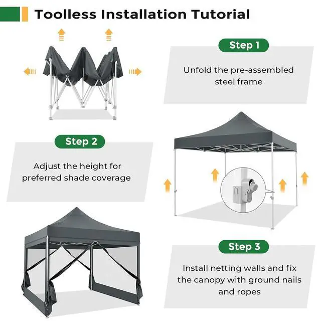 Alt view image 7 of 7 - 10x10 Heavy Duty Pop Up Canopy Tent with 4 Sidewalls, Easy Set Up Outdoor Waterproof Screen Commercial Party Tent with Mosquito Netting for Parties Backyard Patio, Carry Bag, Gray