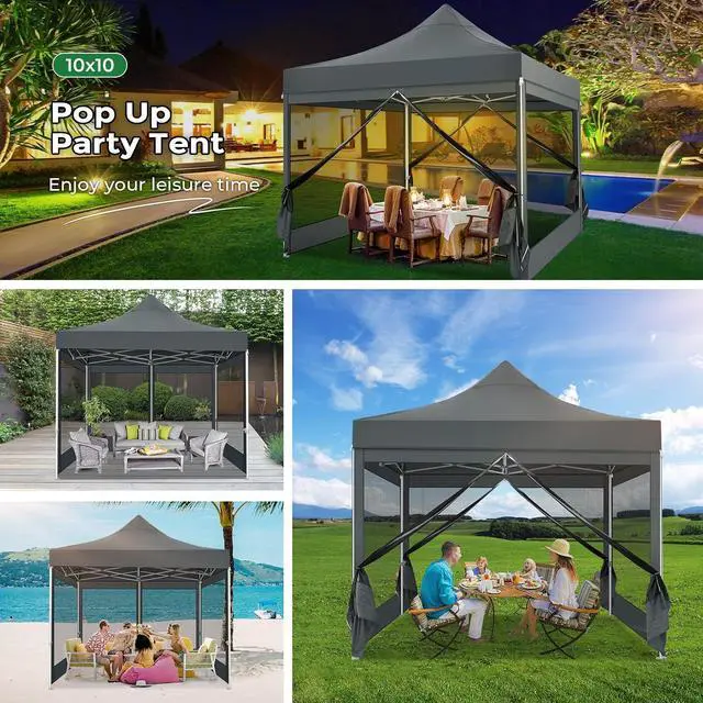 Alt view image 6 of 7 - 10x10 Heavy Duty Pop Up Canopy Tent with 4 Sidewalls, Easy Set Up Outdoor Waterproof Screen Commercial Party Tent with Mosquito Netting for Parties Backyard Patio, Carry Bag, Gray