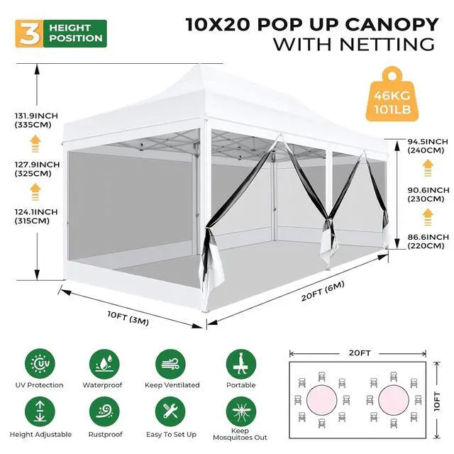 Alt view image 2 of 7 - 10x20 Heavy Duty Pop Up Canopy Tent with 6 Sidewalls, Easy Set Up Outdoor Waterproof Screen Commercial Party Tent with Mosquito Netting for Parties Backyard Patio, Roller Bag, White