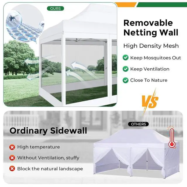 Alt view image 3 of 7 - 10x20 Heavy Duty Pop Up Canopy Tent with 6 Sidewalls, Easy Set Up Outdoor Waterproof Screen Commercial Party Tent with Mosquito Netting for Parties Backyard Patio, Roller Bag, White