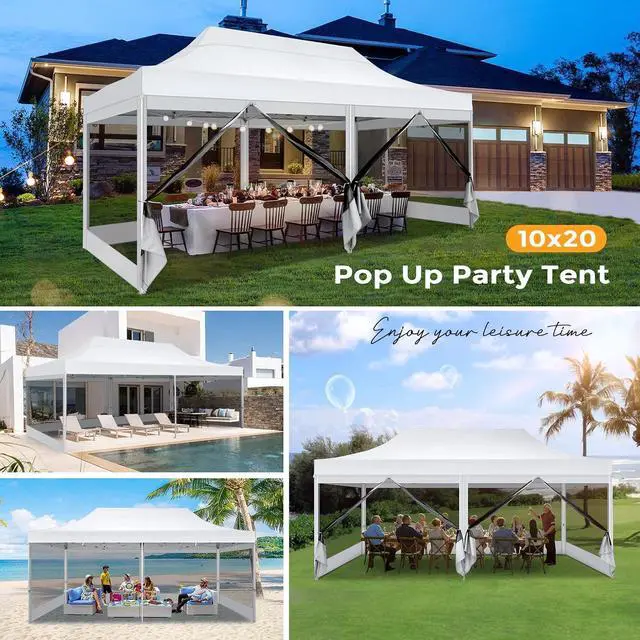 Alt view image 4 of 7 - 10x20 Heavy Duty Pop Up Canopy Tent with 6 Sidewalls, Easy Set Up Outdoor Waterproof Screen Commercial Party Tent with Mosquito Netting for Parties Backyard Patio, Roller Bag, White