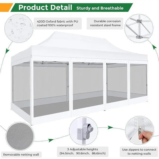 Alt view image 6 of 7 - 10x20 Heavy Duty Pop Up Canopy Tent with 6 Sidewalls, Easy Set Up Outdoor Waterproof Screen Commercial Party Tent with Mosquito Netting for Parties Backyard Patio, Roller Bag, White