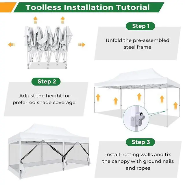 Alt view image 7 of 7 - 10x20 Heavy Duty Pop Up Canopy Tent with 6 Sidewalls, Easy Set Up Outdoor Waterproof Screen Commercial Party Tent with Mosquito Netting for Parties Backyard Patio, Roller Bag, White