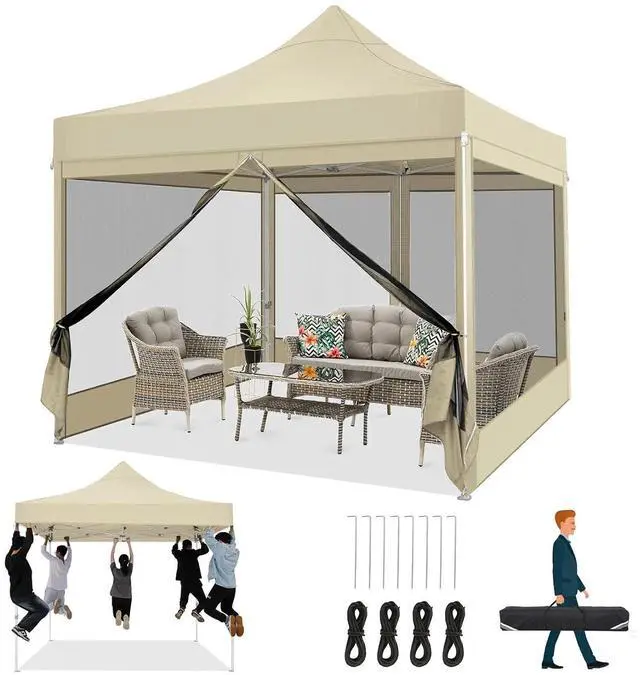 Main image of 10x10 Heavy Duty Pop Up Canopy Tent with 4 Sidewalls, Easy Set Up Outdoor Waterproof Screen Commercial Party Tent with Mosquito Netting for Parties Backyard Patio, Carry Bag, Khaki