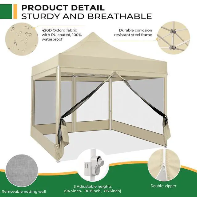 Alt view image 2 of 7 - 10x10 Heavy Duty Pop Up Canopy Tent with 4 Sidewalls, Easy Set Up Outdoor Waterproof Screen Commercial Party Tent with Mosquito Netting for Parties Backyard Patio, Carry Bag, Khaki