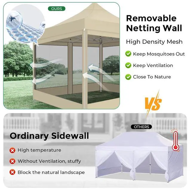 Alt view image 4 of 7 - 10x10 Heavy Duty Pop Up Canopy Tent with 4 Sidewalls, Easy Set Up Outdoor Waterproof Screen Commercial Party Tent with Mosquito Netting for Parties Backyard Patio, Carry Bag, Khaki