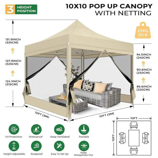 Alt view image 3 of 7 - 10x10 Heavy Duty Pop Up Canopy Tent with 4 Sidewalls, Easy Set Up Outdoor Waterproof Screen Commercial Party Tent with Mosquito Netting for Parties Backyard Patio, Carry Bag, Khaki