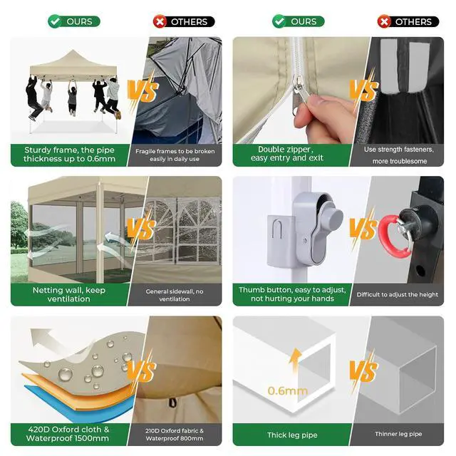 Alt view image 5 of 7 - 10x10 Heavy Duty Pop Up Canopy Tent with 4 Sidewalls, Easy Set Up Outdoor Waterproof Screen Commercial Party Tent with Mosquito Netting for Parties Backyard Patio, Carry Bag, Khaki