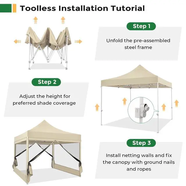 Alt view image 7 of 7 - 10x10 Heavy Duty Pop Up Canopy Tent with 4 Sidewalls, Easy Set Up Outdoor Waterproof Screen Commercial Party Tent with Mosquito Netting for Parties Backyard Patio, Carry Bag, Khaki