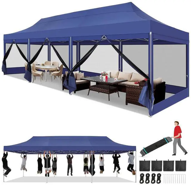 Main image of 10x30 Heavy Duty Pop Up Canopy with 8 Mosquito Netting Wall, Easy Set Up Commercial Gazebo Party Tent, Outdoor Instant Screen Canopy for Backyard, Patio, Garden, Dark Blue