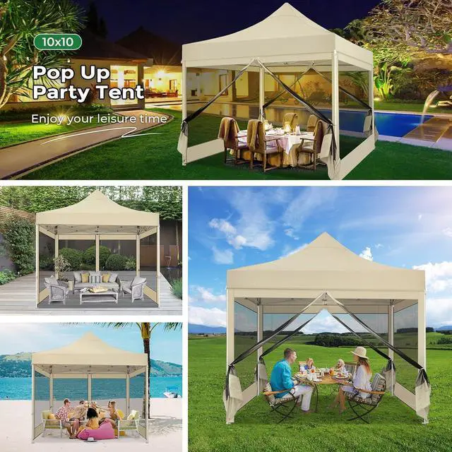 Alt view image 6 of 7 - 10x10 Heavy Duty Pop Up Canopy Tent with 4 Sidewalls, Easy Set Up Outdoor Waterproof Screen Commercial Party Tent with Mosquito Netting for Parties Backyard Patio, Carry Bag, Khaki