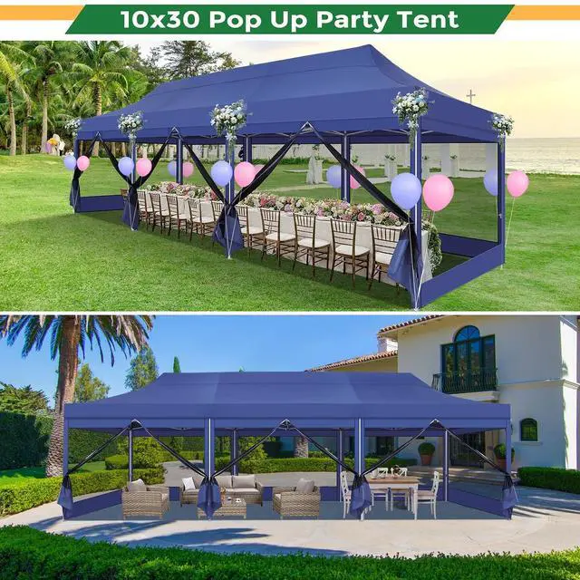 Alt view image 2 of 7 - 10x30 Heavy Duty Pop Up Canopy with 8 Mosquito Netting Wall, Easy Set Up Commercial Gazebo Party Tent, Outdoor Instant Screen Canopy for Backyard, Patio, Garden, Dark Blue