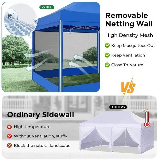 Alt view image 4 of 7 - 10x30 Heavy Duty Pop Up Canopy with 8 Mosquito Netting Wall, Easy Set Up Commercial Gazebo Party Tent, Outdoor Instant Screen Canopy for Backyard, Patio, Garden, Blue