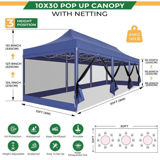 Alt view image 3 of 7 - 10x30 Heavy Duty Pop Up Canopy with 8 Mosquito Netting Wall, Easy Set Up Commercial Gazebo Party Tent, Outdoor Instant Screen Canopy for Backyard, Patio, Garden, Dark Blue
