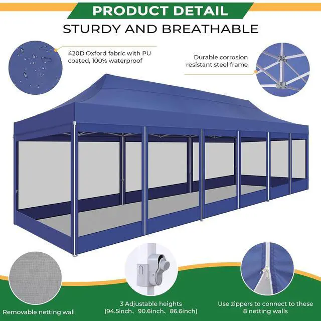 Alt view image 5 of 7 - 10x30 Heavy Duty Pop Up Canopy with 8 Mosquito Netting Wall, Easy Set Up Commercial Gazebo Party Tent, Outdoor Instant Screen Canopy for Backyard, Patio, Garden, Dark Blue