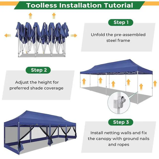 Alt view image 7 of 7 - 10x30 Heavy Duty Pop Up Canopy with 8 Mosquito Netting Wall, Easy Set Up Commercial Gazebo Party Tent, Outdoor Instant Screen Canopy for Backyard, Patio, Garden, Dark Blue