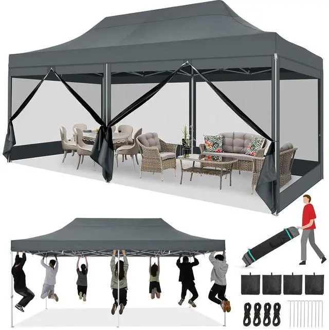 Main image of 10x20 Heavy Duty Pop Up Canopy Tent with 6 Sidewalls, Easy Set Up Outdoor Waterproof Screen Commercial Party Tent with Mosquito Netting for Parties Backyard Patio, Roller Bag, Gray
