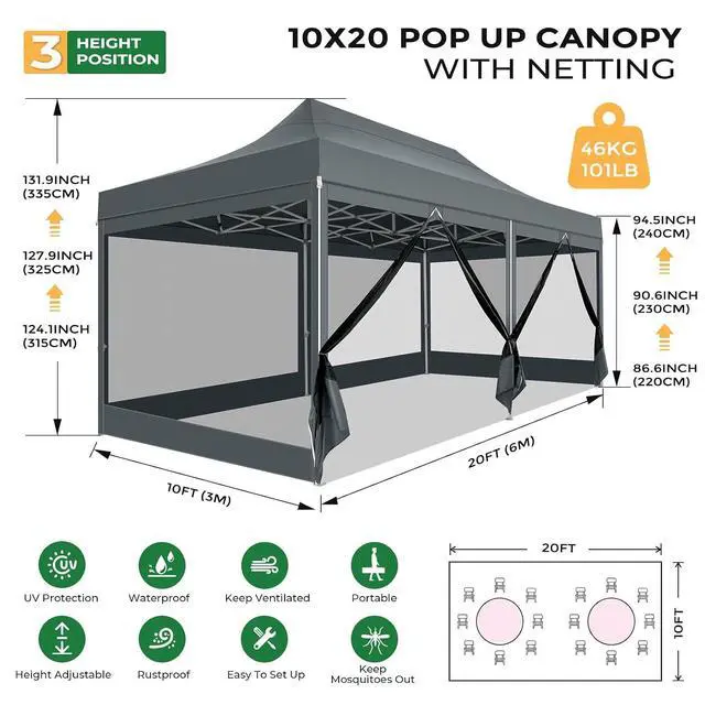 Alt view image 2 of 7 - 10x20 Heavy Duty Pop Up Canopy Tent with 6 Sidewalls, Easy Set Up Outdoor Waterproof Screen Commercial Party Tent with Mosquito Netting for Parties Backyard Patio, Roller Bag, Gray