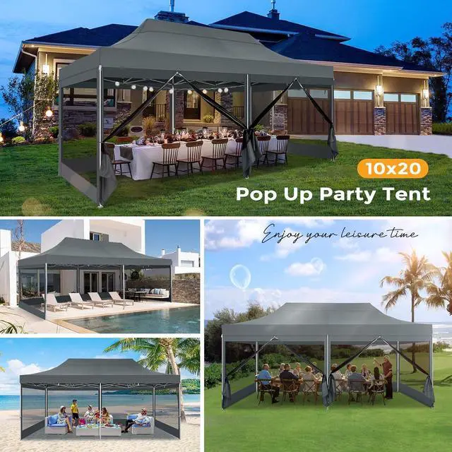 Alt view image 3 of 7 - 10x20 Heavy Duty Pop Up Canopy Tent with 6 Sidewalls, Easy Set Up Outdoor Waterproof Screen Commercial Party Tent with Mosquito Netting for Parties Backyard Patio, Roller Bag, Gray