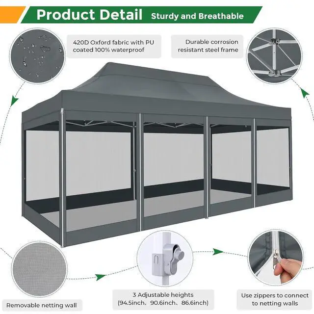 Alt view image 4 of 7 - 10x20 Heavy Duty Pop Up Canopy Tent with 6 Sidewalls, Easy Set Up Outdoor Waterproof Screen Commercial Party Tent with Mosquito Netting for Parties Backyard Patio, Roller Bag, Gray