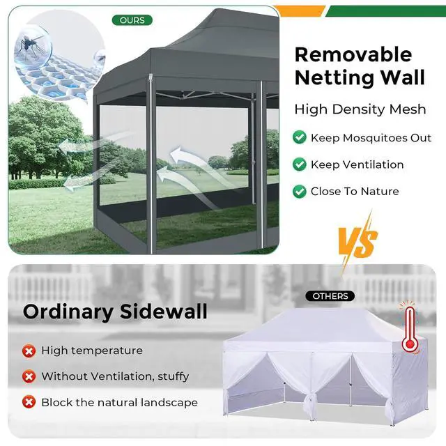 Alt view image 5 of 7 - 10x20 Heavy Duty Pop Up Canopy Tent with 6 Sidewalls, Easy Set Up Outdoor Waterproof Screen Commercial Party Tent with Mosquito Netting for Parties Backyard Patio, Roller Bag, Gray